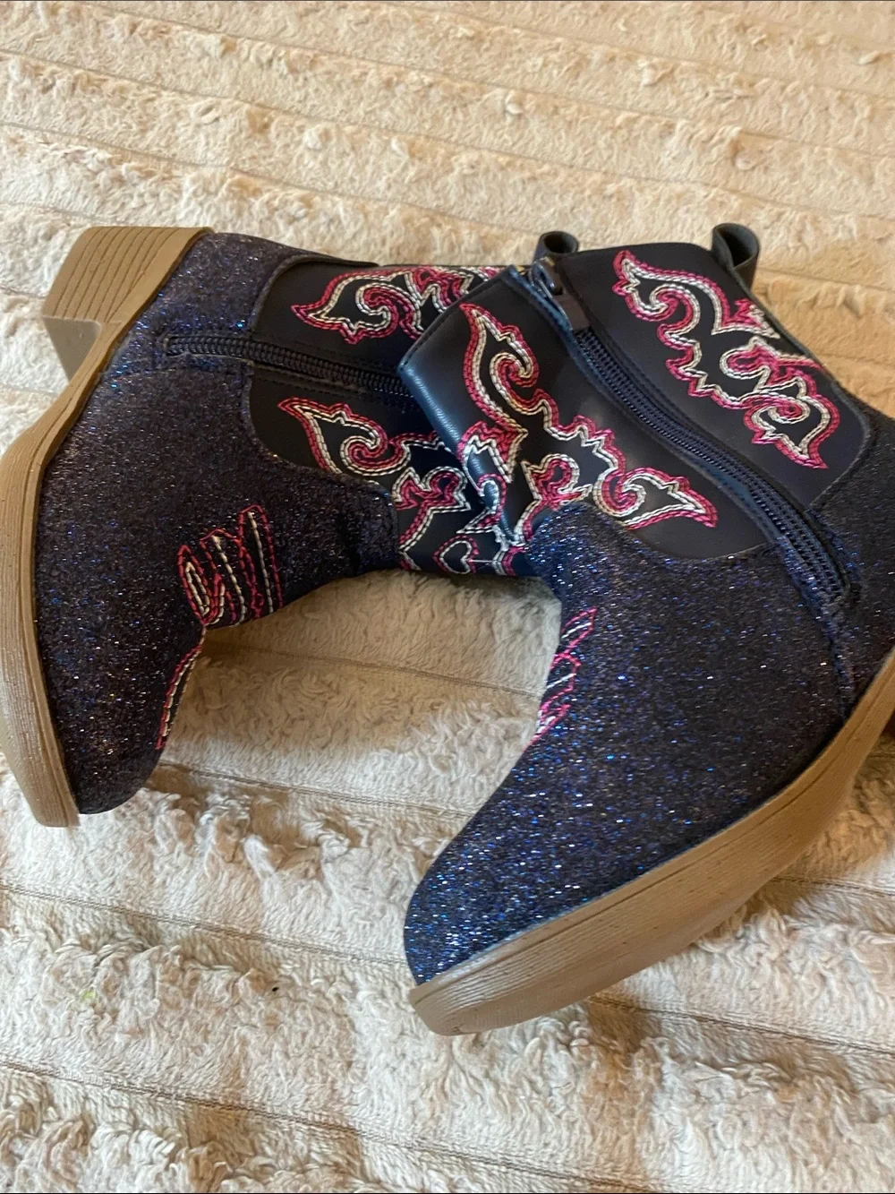 NWOT, Kids Glitter Navy Cowboy Boots with Pink Stitching